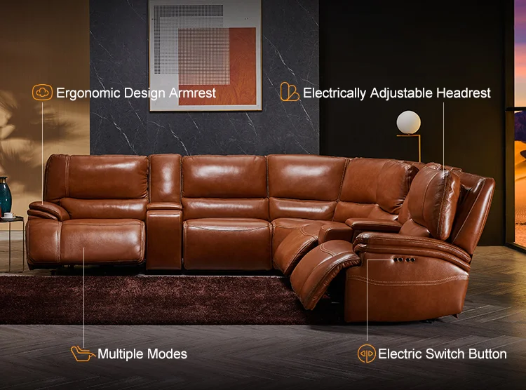 Manwah Cheers Real Leather Brown Power Recliner Sectional Sofa Set