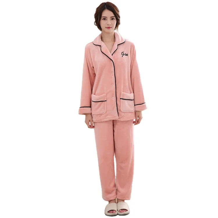 Couples Thicker Winter Women and Man Family Night Clothes Button Down Classic Pipping Sleepwear Warm Flannel Pajamas Set