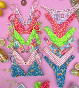 Designer Custom Women's Swimsuit Set Triangle Floral High Leg Thong Mini Bikini Bandeau Tube Top High Waist Custom Logo Print