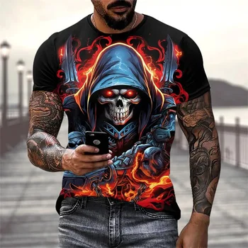 Customized Halloween Horror Head Reaper Men's T-Shirt Casual Short Sleeved Hip-Hop Streetwear O-Neck Plus Size Summer Fashion