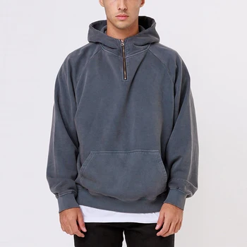 Topshow 2021 custom drop shoulder funnel neck washed grey oversized half zip hoodie plain mens hoodies