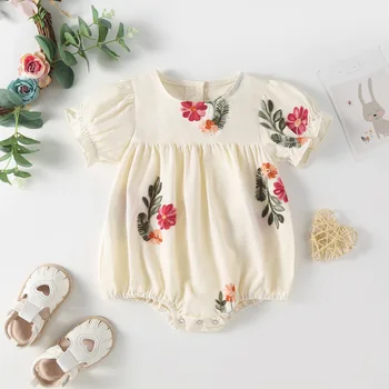 Girls' summer wear embroidered pure cotton rompers 2024 New casual clothes