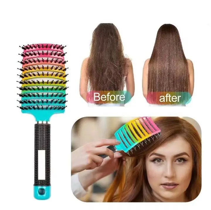 Customized Large Curved Hairbrush with High Skull Bristles Top Straightening and Massaging Wig Ribbed LOGO Included
