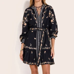Wisrise Fashion Custom Wholesale Black Long Sleeve Floral Embroidered Belted Design Mini Dress Bohemian Vintage Style for