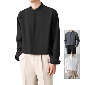 Black Gray Mandarin Collar Casual Print Shirt for Men Summer Long Sleeve Eco-Friendly Polyester