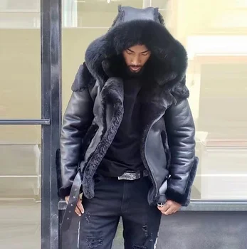 BOBOYU 5XL plus size men's faux fur parka coat thick fleece windproof pilot jacket warm casual winter leather hood jacket