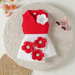 2026 Spring Autumn New Children Clothing Wholesale Kids Wear Sleeveless Top 3D Flower Skirts 2pcs Girl Clothes Sets