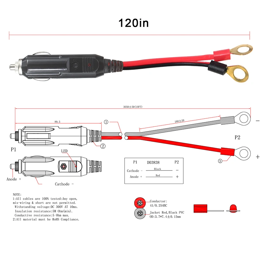 SinLoon 10 FT Cigarette Lighter SAE Battery Charger Cable,12V 15A with Fuse  and LED Light Cigarette Lighter Plug to Waterproof SAE Quick Release
