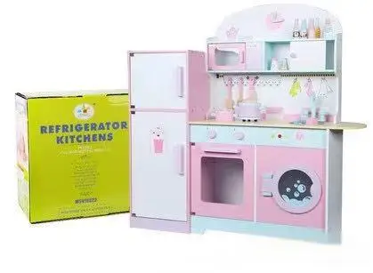 Multi-functional Refrigerator Kitchenware Cooktop Combination Classic Wood Furniture Refrigerator Toys for Kids Boys & Girls