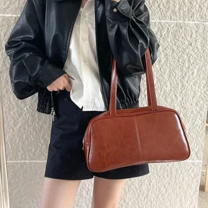2026 Spring Korean Leisure Style Brown PU Leather Large Capacity Boston Bags High Quality Shoulder Bag for Women