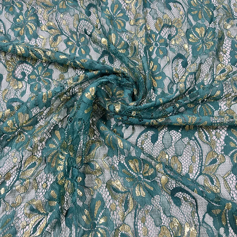African High Quality Nigerian Shiny Gold Thread Green Hollow Out Floral  Metallic Yarn for Evening Gown