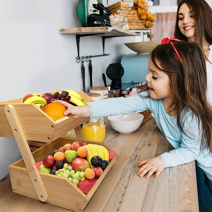2 Tier Bamboo Stackable Storage Bins, Bamboo Fruit Basket Large ...