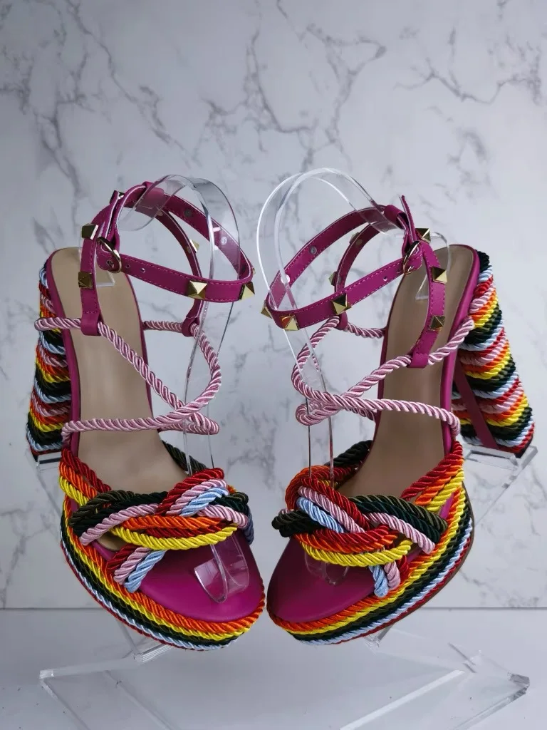 European And American-style Woven Hemp Rope Strap Womens Shoes With Wedge Heels And Thick Soles