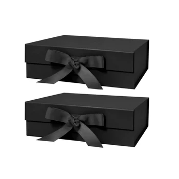 Ready to Ship Custom Personal Luxury Black Rigid Folding Packaging Magnet Large Ribbon Box Paper  With Magnetic Closure Gift Box