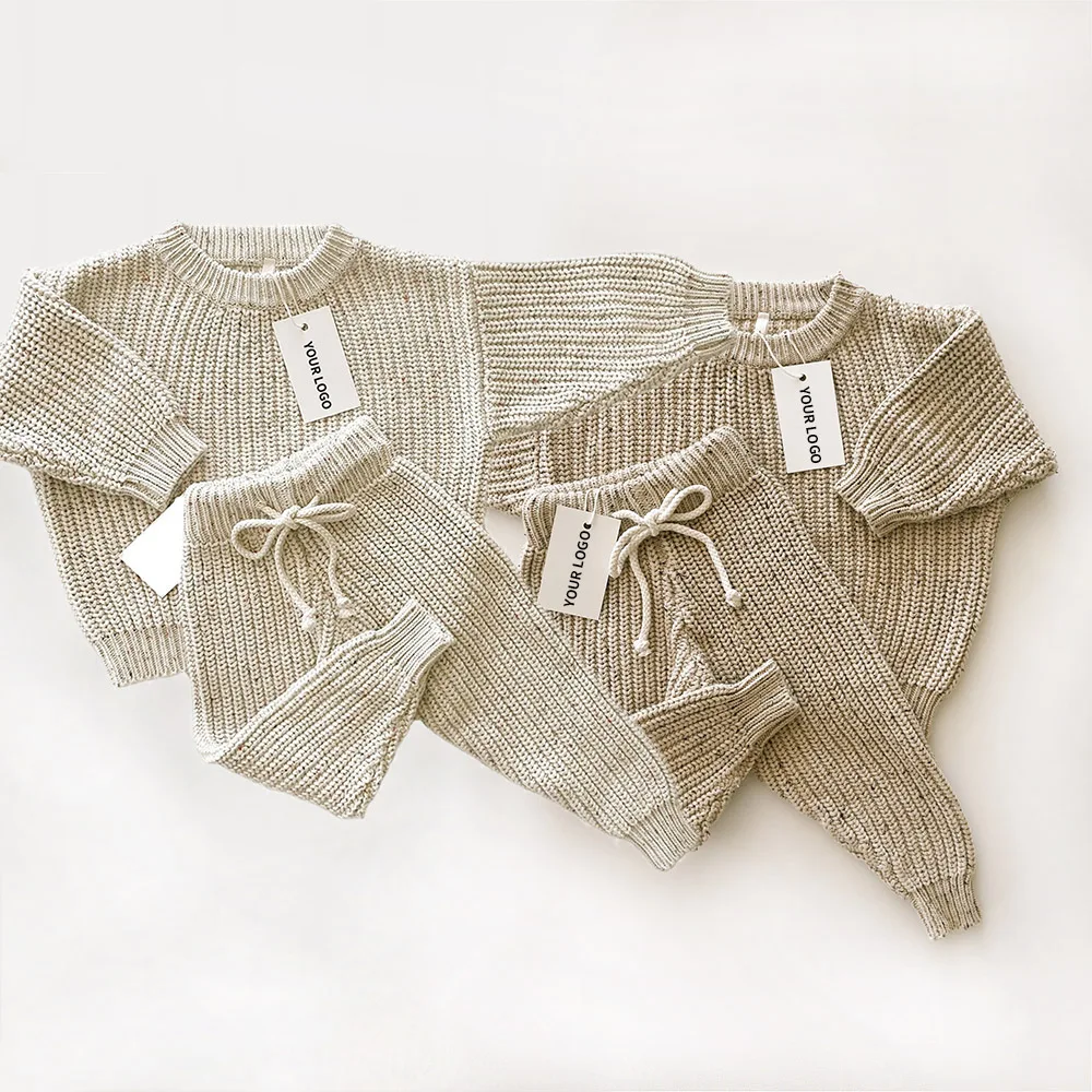 Custom Logo Sprinkle Cotton Baby Sweaters Sets New Born Winter Clothes Sets Ribbed Chunky
