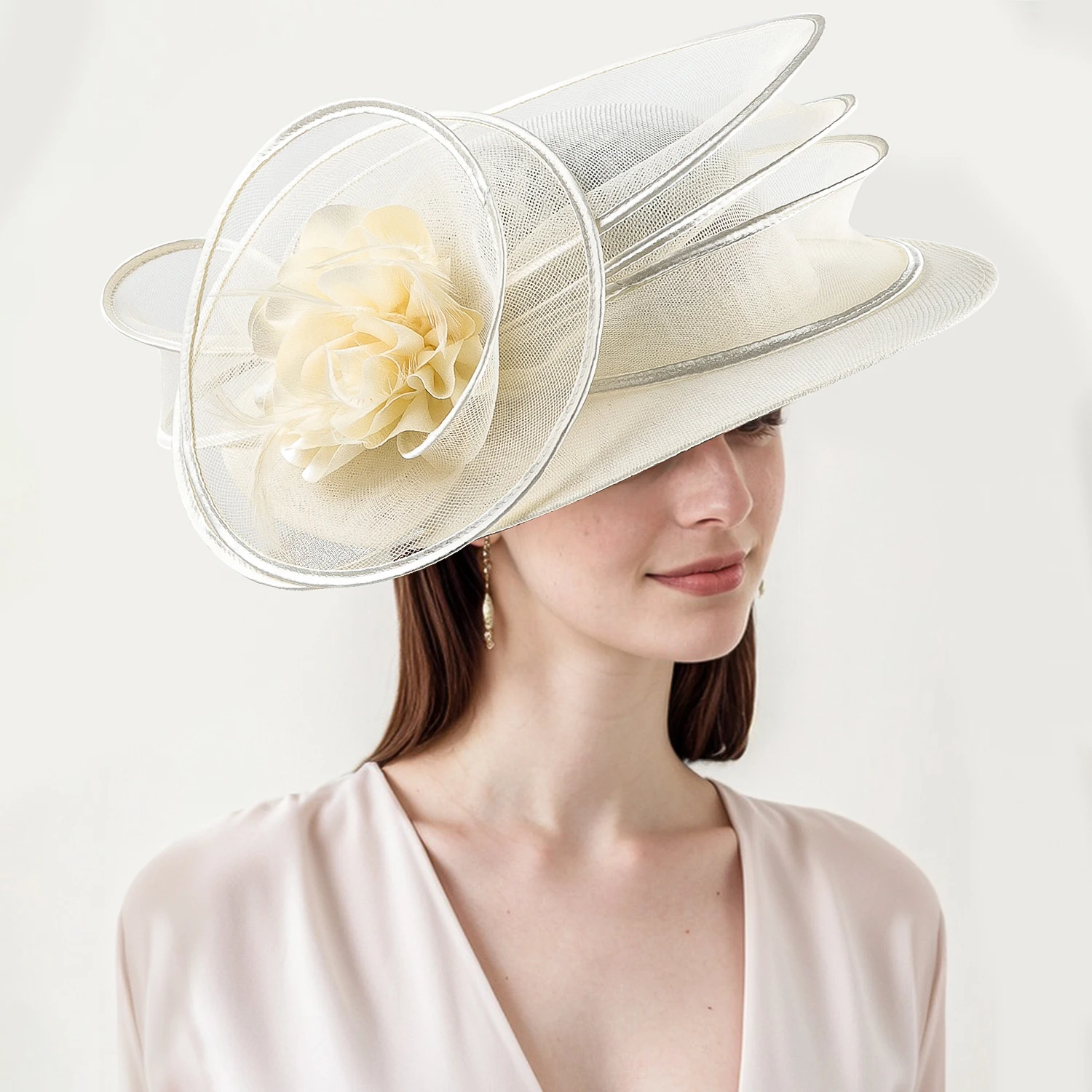 Elegant Cream Mesh Women\'s Hat Women Face Covering Mesh Sun Hat Summer Party Wedding Church  main image 2