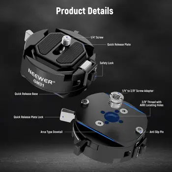 NEEWER GM31 Arca Type Quick Release Plate Kit, Quick Switch Auto Lock Square QR Camera Mount Plate, 1/4" 3/8" Thread for Tripod detail image