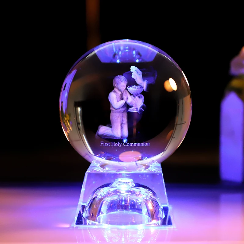 Hot Sale 80mm Baptism 3D Laser Crystal Ball With Led Light Base supplier