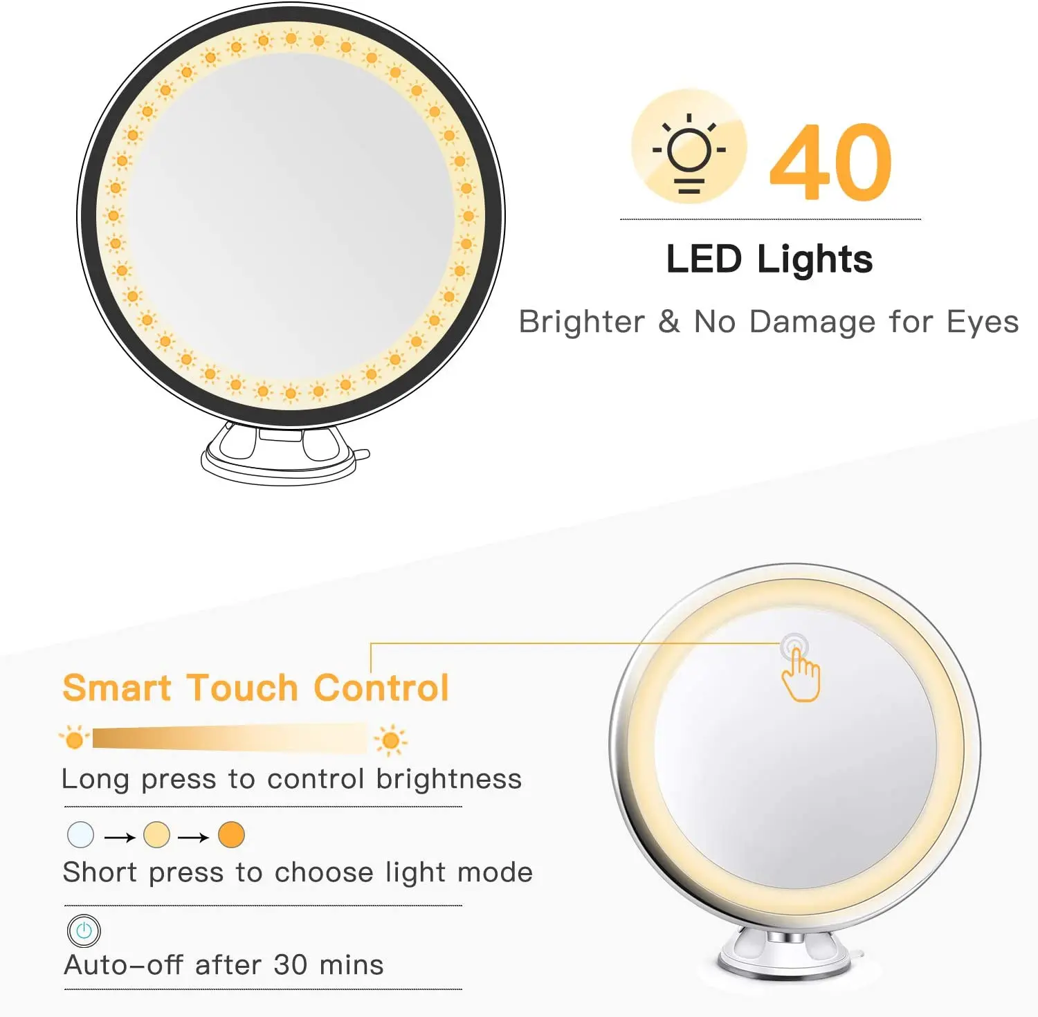 Bestope  3 Color Lighting Modes Intelligent Touch 360 Degree Rotation Bathroom LED Suction Cup Mirror 10X  Light Mirror Makeup