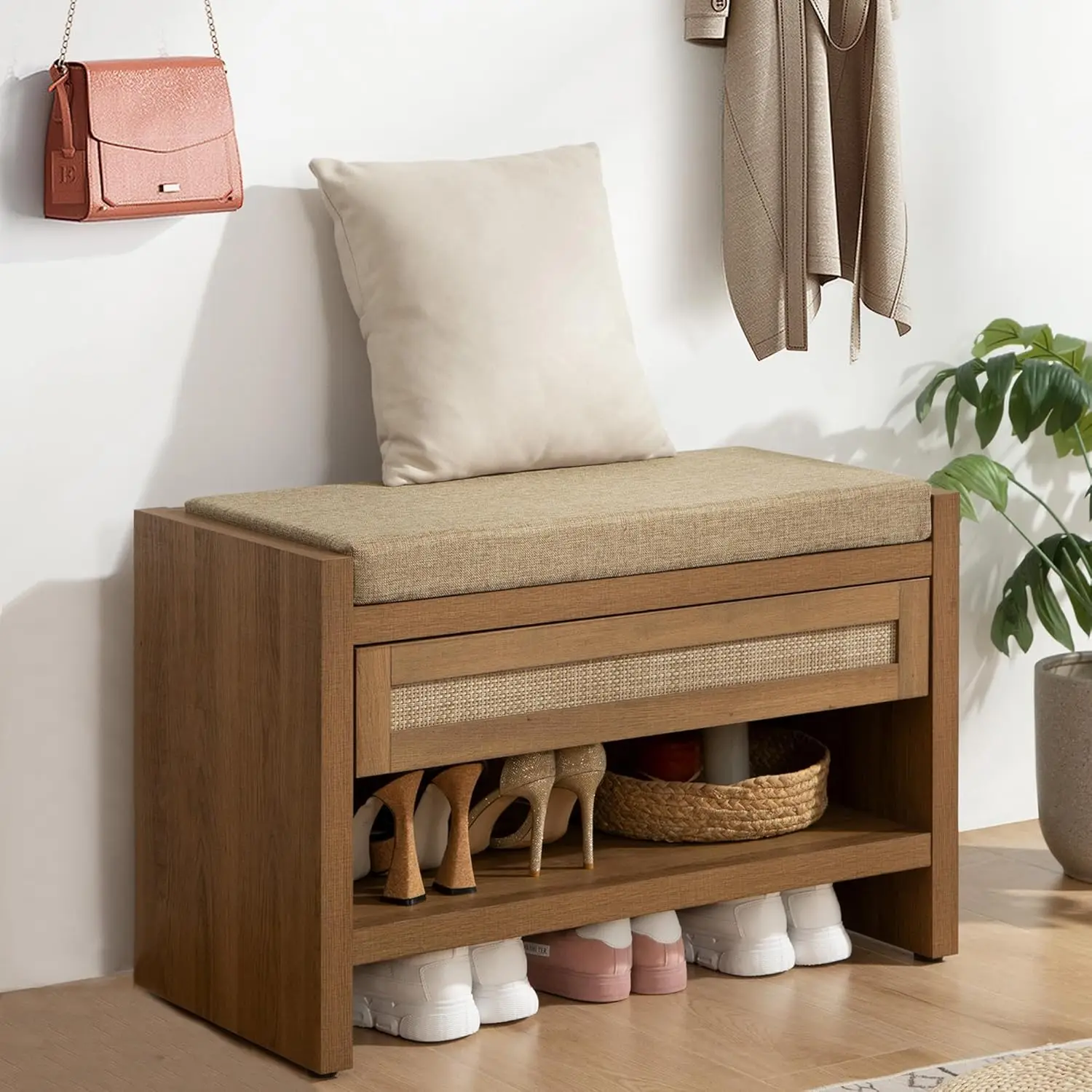 Shoe Bench Entry Bench with Storage Drawer and Linen Seat Cushion Shoe Rack With Shelf Wooden Storage Bench for Hallway Bedroom