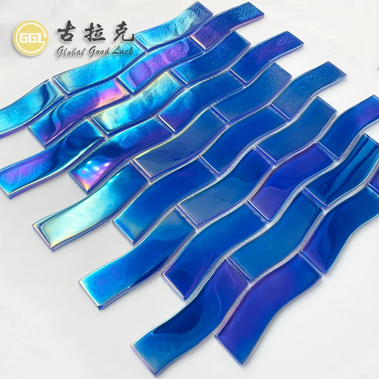 Mosaic Tile Outdoor Cheap Blue Color Iridescent Crystal Glass Mosaic Tiles For Outdoor Swimming Pool 300*300 Glass Tiles supplier