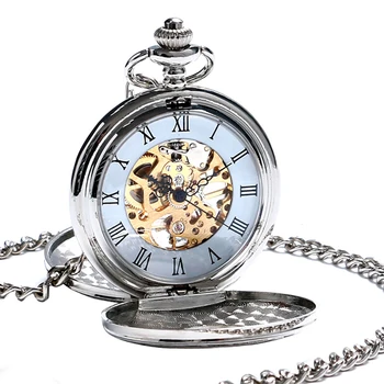 Mechanical Erotic Automaton Pocket Watch Luxury Double Open Face Roman Numbers Silver Clock with Fob Chain