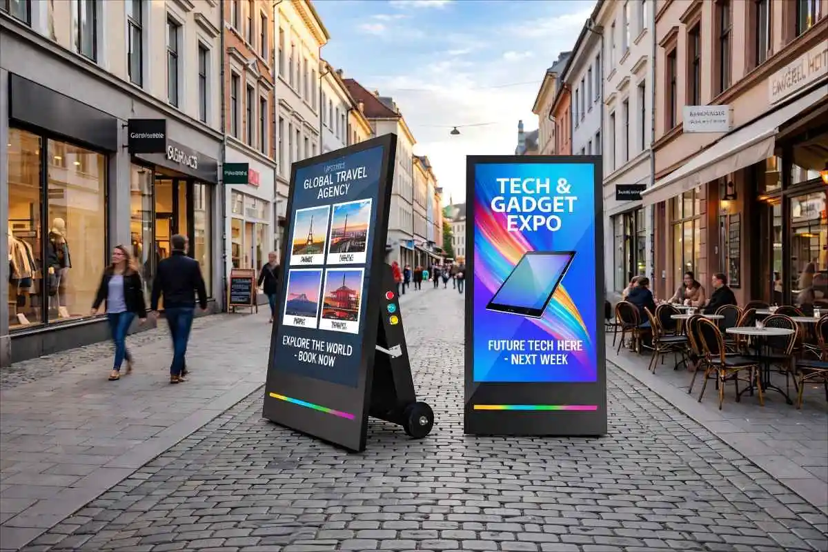 High-visibility outdoor digital poster battery powered portable digital sidewalk signs with cool LED light strip