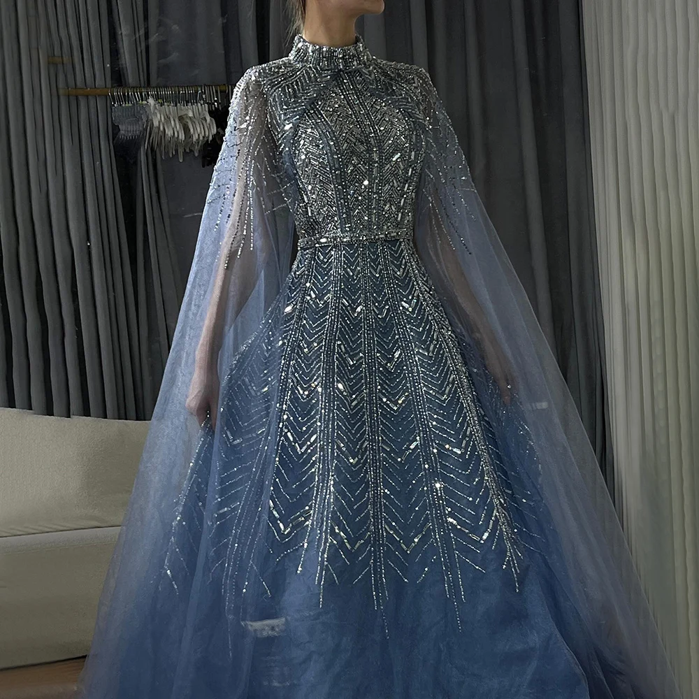 Serene Hill LA72728 High Neck Beaded A-Line Evening Dress with Tulle Cape  Modest Dusty Blue Arabic Formal Party Gowns for Women