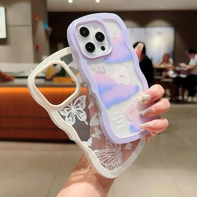 Laudtec Funda de diseño estético con patrón de mariposa floral de oso lindo para iPhone 16 pro max Funda a prueba de golpes con patrón de dibujos animados  