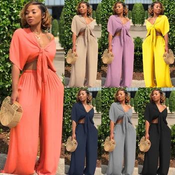 Hot selling Fall 2022 women's clothing solid colors wide leg pant v-neck crop top 2 piece women clothes sexy two piece set