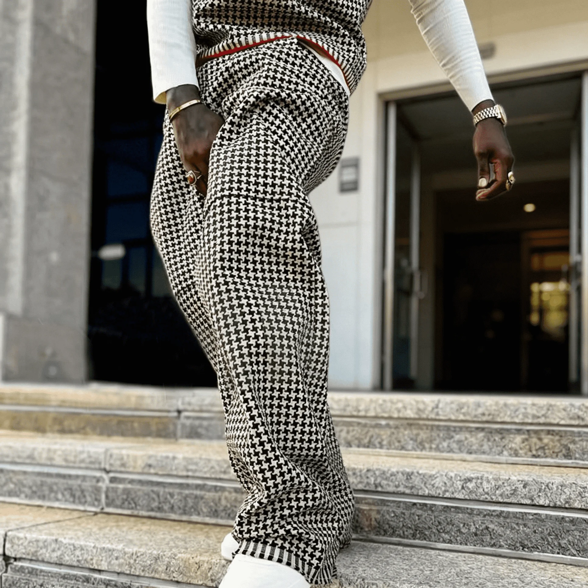 Custom Logo Y2K Urban Fashion Houndstooth Sleeveless Vest Loose Baggy Pants Two Piece Matching Tracksuit Streetwear for Men gallery 3