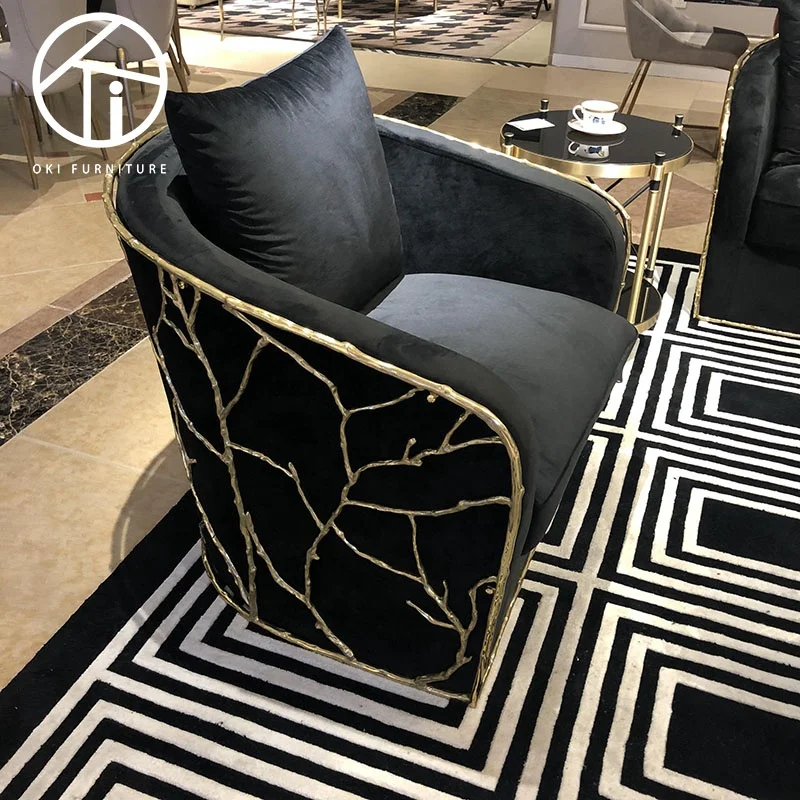 Decoration Art Italy Modern Unique Design Metal Sofa Single Chair High  Quality Velvet Fabric Black Copper Gold Single Sofa