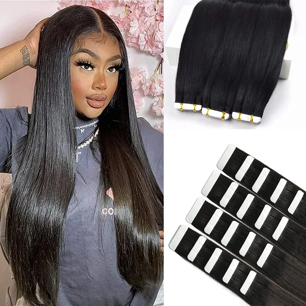 Extension per capelli lisci naturali con nastro adesivo, capelli umani, 100% Remy, trama di pelle senza cuciture, nastro biadesivo invisibile per capelli da donna_voghion.com