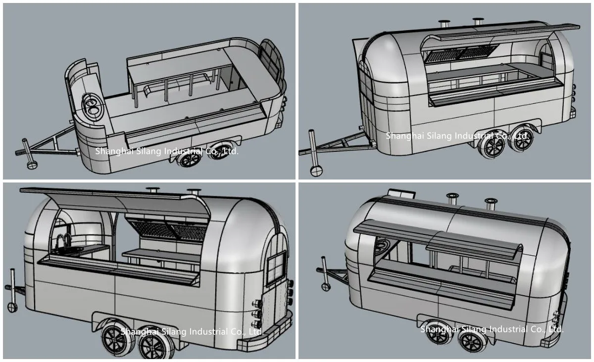 Airstream mobile camper kitchen pizza trailer with various cooking equipments salad refrigeration churro coffee food cart details