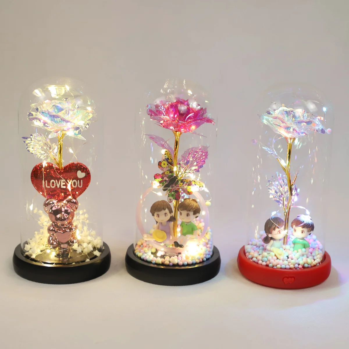 small glass dome wooden base led light flower dome glass decoration Christmas rose gifts ideas for wife