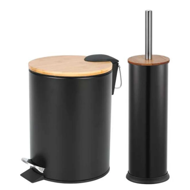 Small 5L Stainless Steel Garbage Bin Bamboo Cover  Kitchen Garbage Unique Bathroom Wooden Trash Can