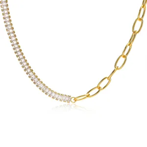 New European American Fashion Chains Necklace for Women Stainless Steel Chain Splicing Zircon OT Buckle Necklace Senior Sense