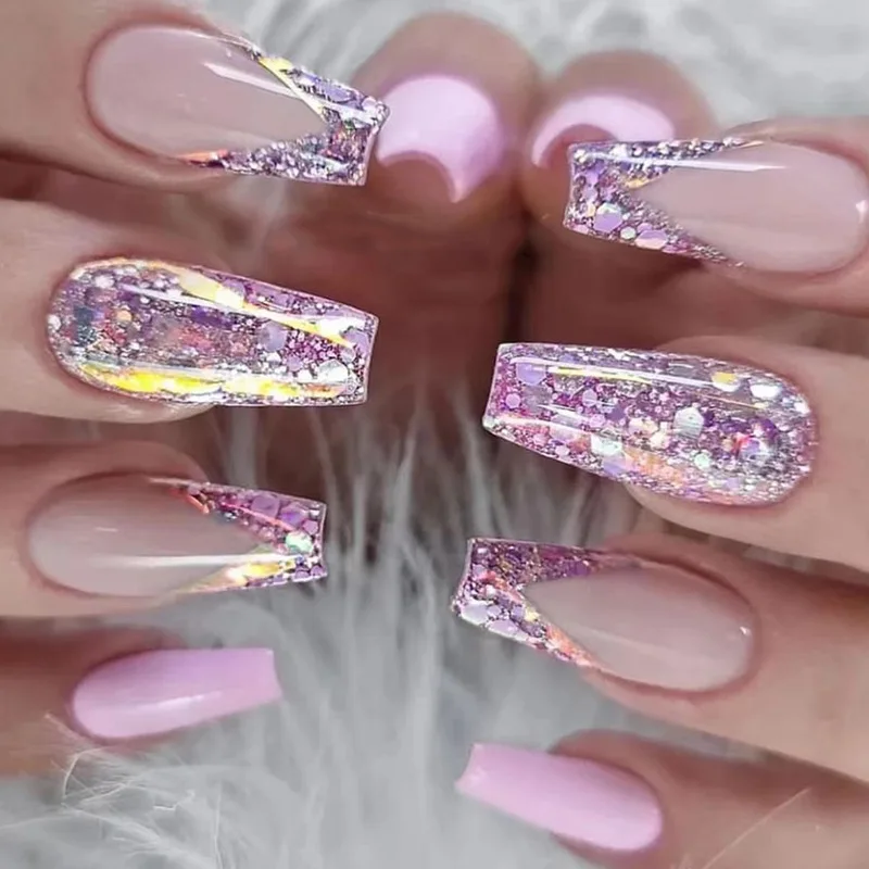 Künstliche Fingernägel Mit Herz & Stern – 24 Stück, Lang, Sarg-Form, Goldfolie & Mattes Rosa
