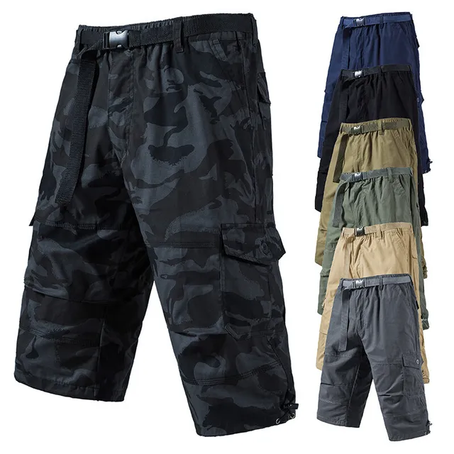 2025 Summer Men's Trendy Brand Capri Pants Multi-Pocket Straight Casual Shorts with Drawstring Closure Plus Size Loose Workwear