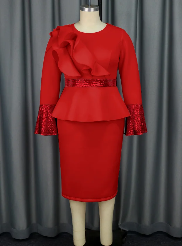 Wholesale Long Flare Leeves Equin Patchwork Irregular Ruffle Women Career Dresses O Neck Peplum Female Business Dress Plus Ize 1XL 2XL 3XL 4XL,1 Piece