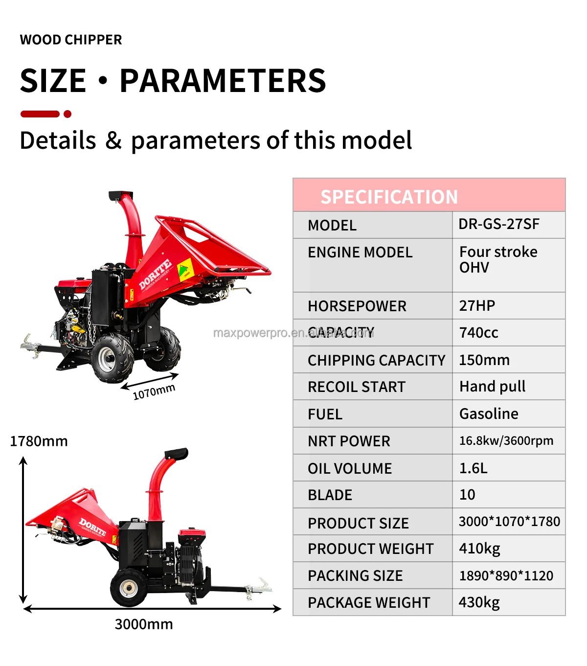 Hydraulic System 27HP 740CC 5inch Chipping Capacity Forestry Machinery Mulcher Shredder Machine Tree Shredder Wood Chipper