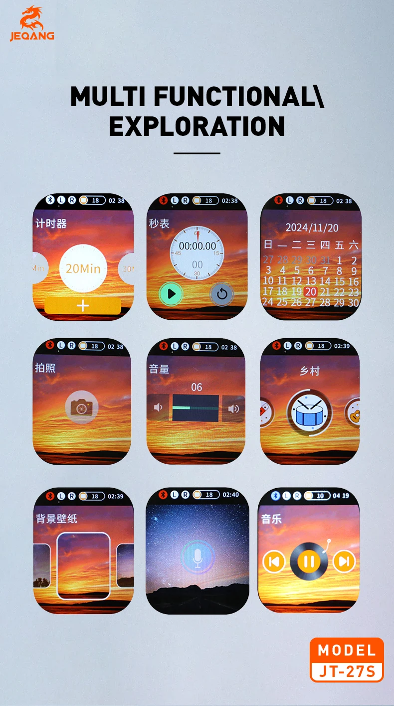 Jeqang-27S TWS BT Wireless In-Ear Earphones Smart Touch Screen Noise Cancelling Headphones Supports WeChat WhatsApp Messages