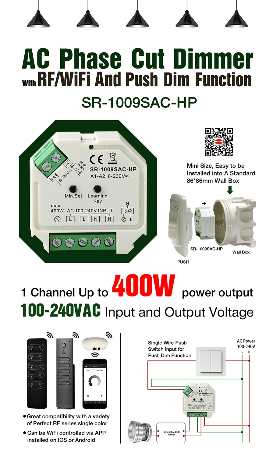 RF/WiFi Control AC Phase-Cut Dimmer with Push Dim SR-1009SAC-HP