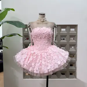Bettergirl 2026 New Complete Flower Mesh Pleated Short Dress Fishbone Tight Elegant Party Evening Dress