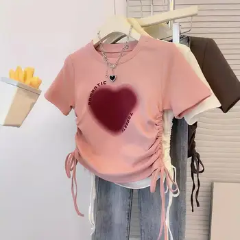 Wholesale Slim-fitting Short-sleeved T-shirt High Quality Drawstring Design Printed O-neck Casual Top for Women Printed T Shirts