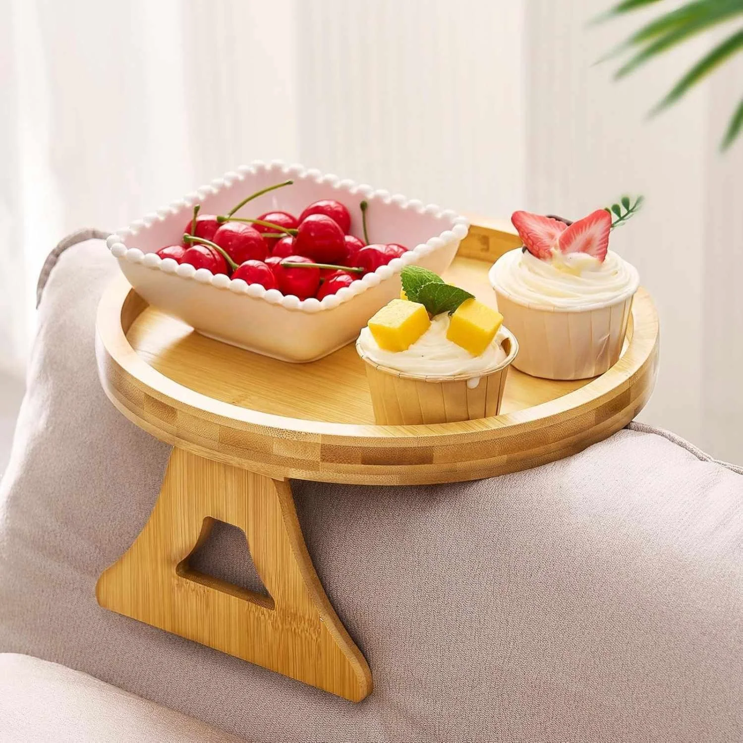 Factory Wholesale Bamboo Sofa Arm Rest Tray Couch Cup Holder Table with Cup Coaster Storage Trays
