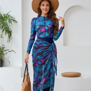 New Long-Sleeved Muslim Conservative Burkinis 5 Piece Set + Chest Pad + Hat + Pants + Skirt Breathable Plus Size Swimwear