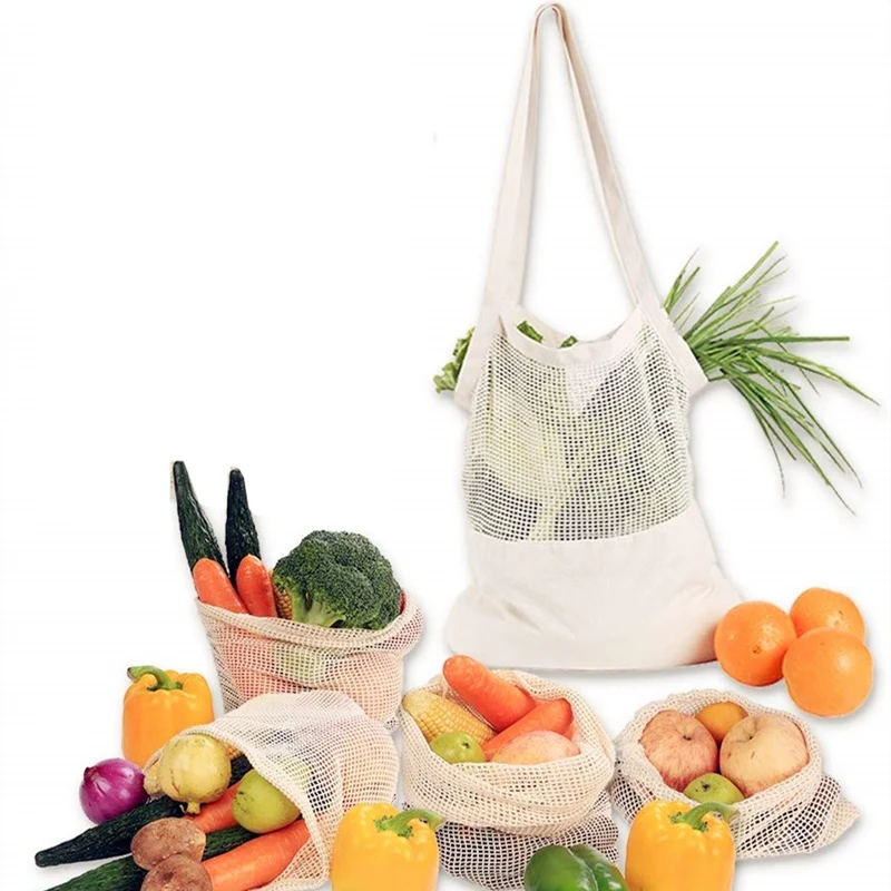 Reusable Cotton Mesh Fruit Bag Drawstring Vegetables Food Kitchen Storage 