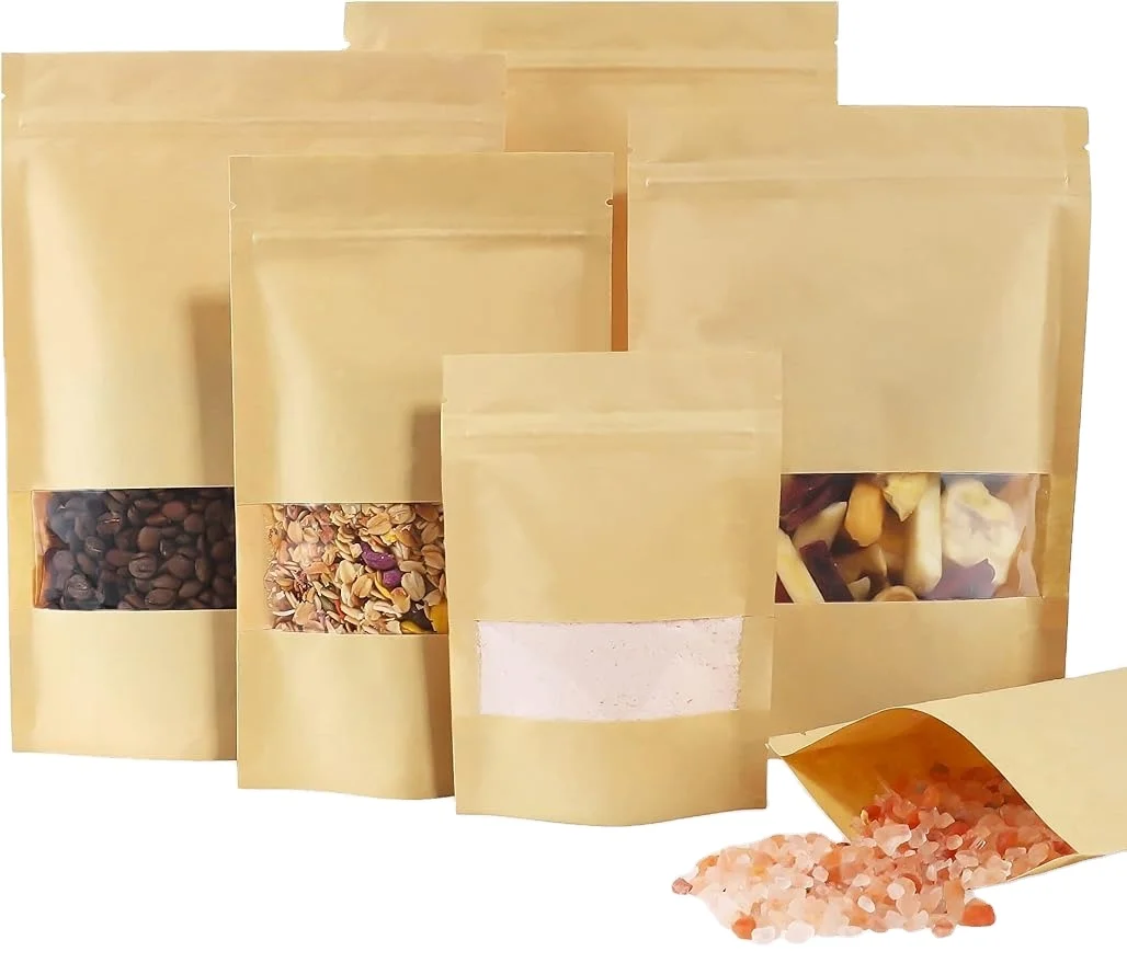 Factory cheap Resealable Storage Kraft Paper middle transparent 3.5x5.5inches stand pouch zipper bag for food