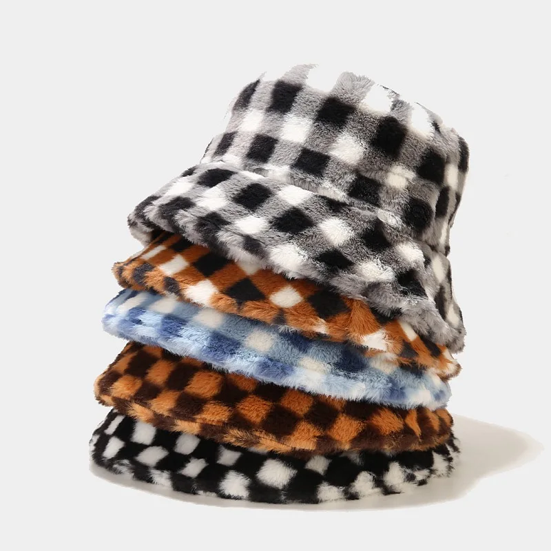 Wholesale Winter Fluffy Faux Fur Bucket Hat | Checkered  display picture 1